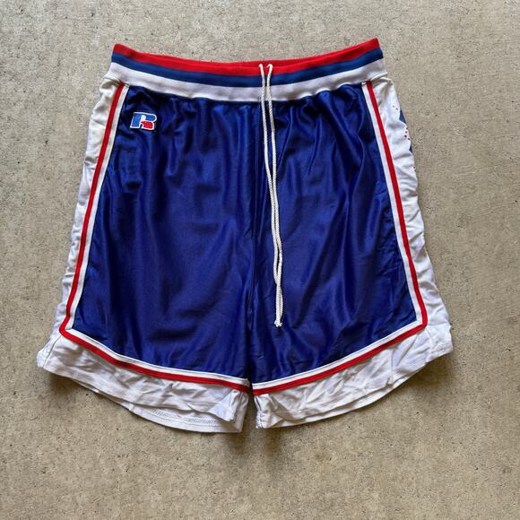 Vintage 90's Russell Athletic Blue Red White Shiny Basketball Shorts Sz Medium - Picture 1 of 8